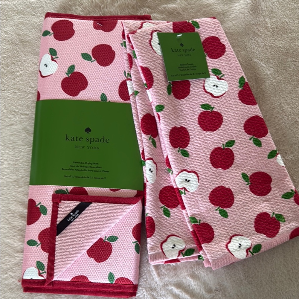 Kate Spade Pink and Red Apple Kitchen Towels and Drying Mats Set